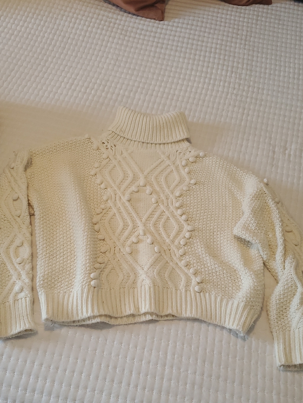 Lulu's Ivory Cable Knit Pom-Pom Turtleneck Sweater